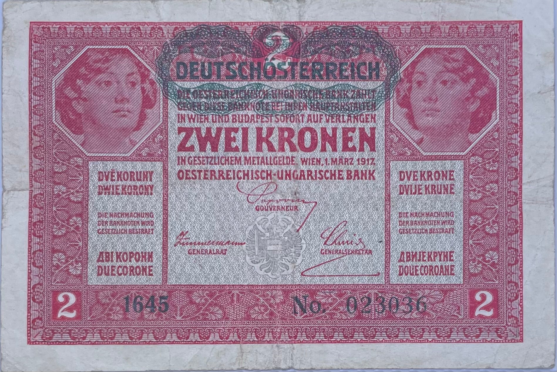 1917 Austria 2 Kronen Used World Banknote